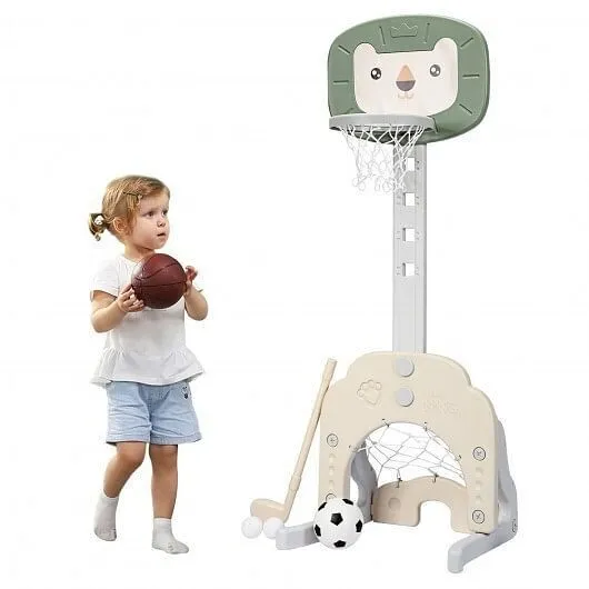 3-in-1 Adjustable Kids Basketball Hoop Sports Set-Green - Color: Green