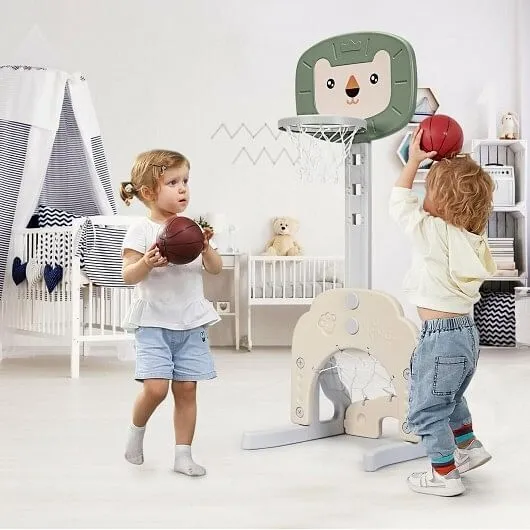 3-in-1 Adjustable Kids Basketball Hoop Sports Set-Green - Color: Green