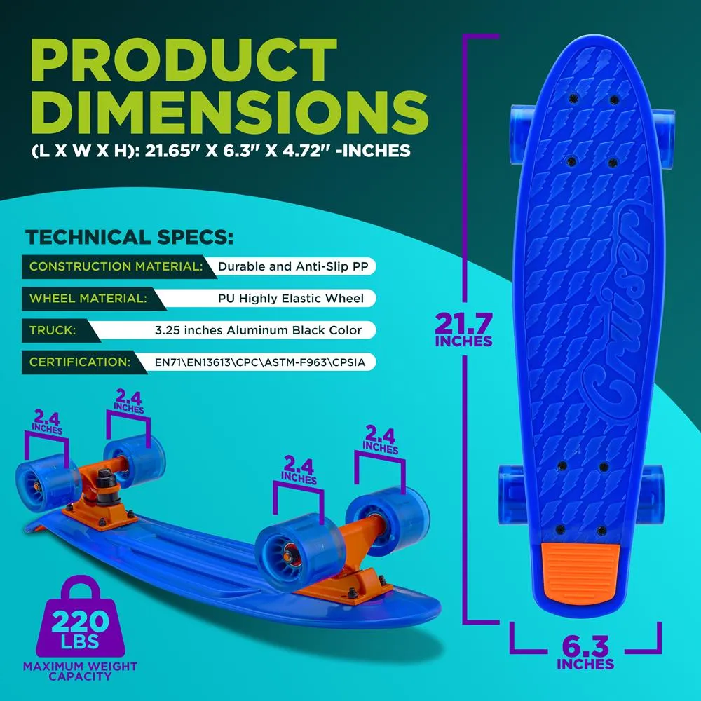 6'' Pp Deck Skateboard - Mini Cruiser Skateboard, Designed For Kids, Teens, And Adults (Blue)