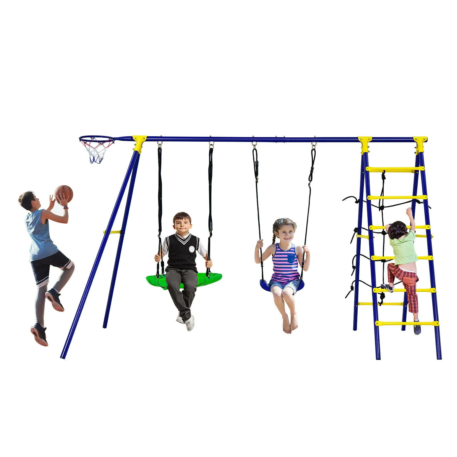 7-in-1 Anti-rust Children's 2 Swings Set | Climbing Ladder & Net and Basketball Hoop |