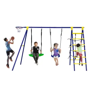 7-in-1 Anti-rust Children's 2 Swings Set | Climbing Ladder & Net and Basketball Hoop |