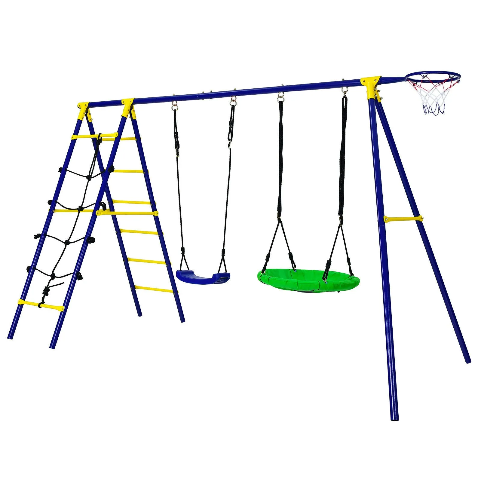 7-in-1 Anti-rust Children's 2 Swings Set | Climbing Ladder & Net and Basketball Hoop |