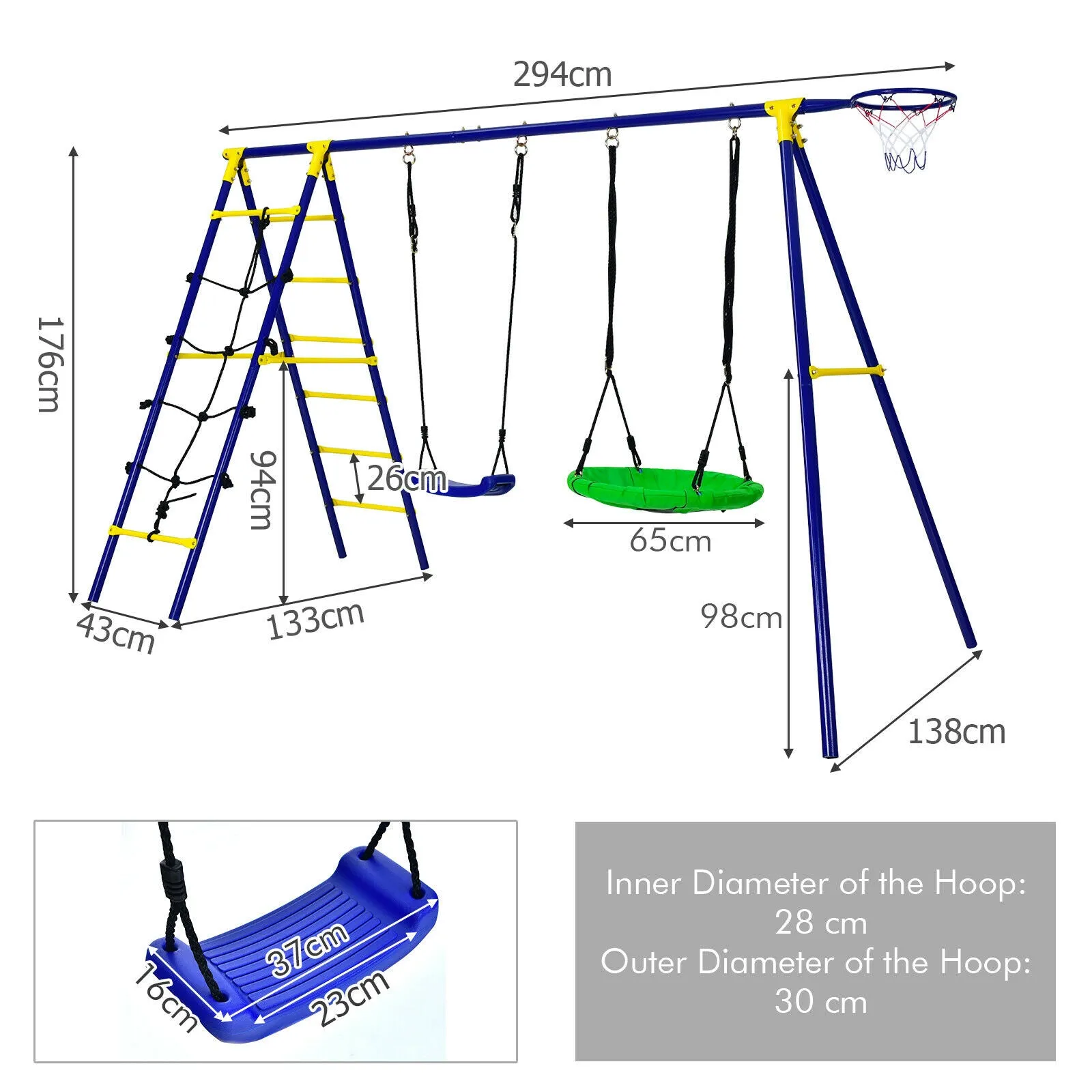 7-in-1 Anti-rust Children's 2 Swings Set | Climbing Ladder & Net and Basketball Hoop |