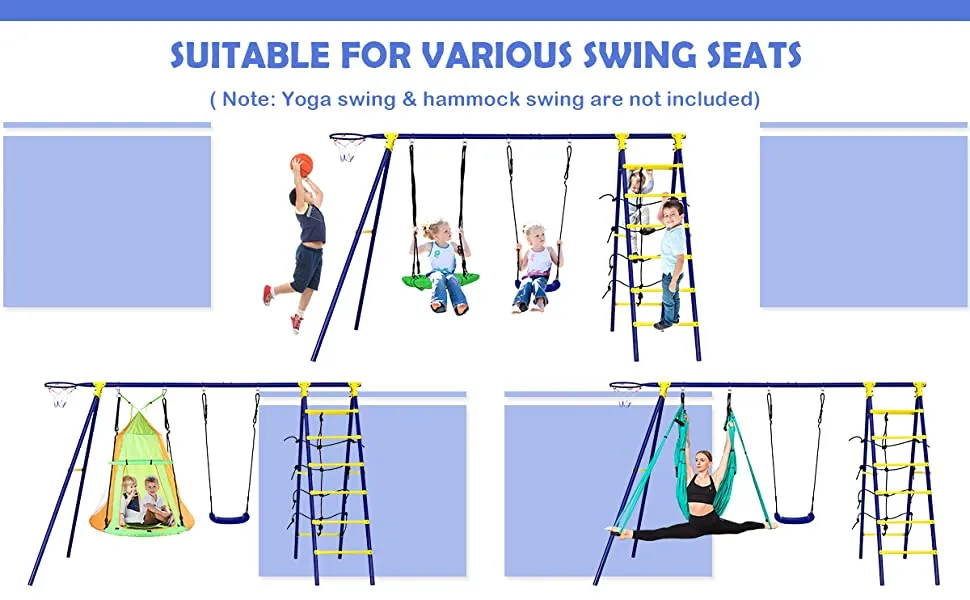 7-in-1 Anti-rust Children's 2 Swings Set | Climbing Ladder & Net and Basketball Hoop |