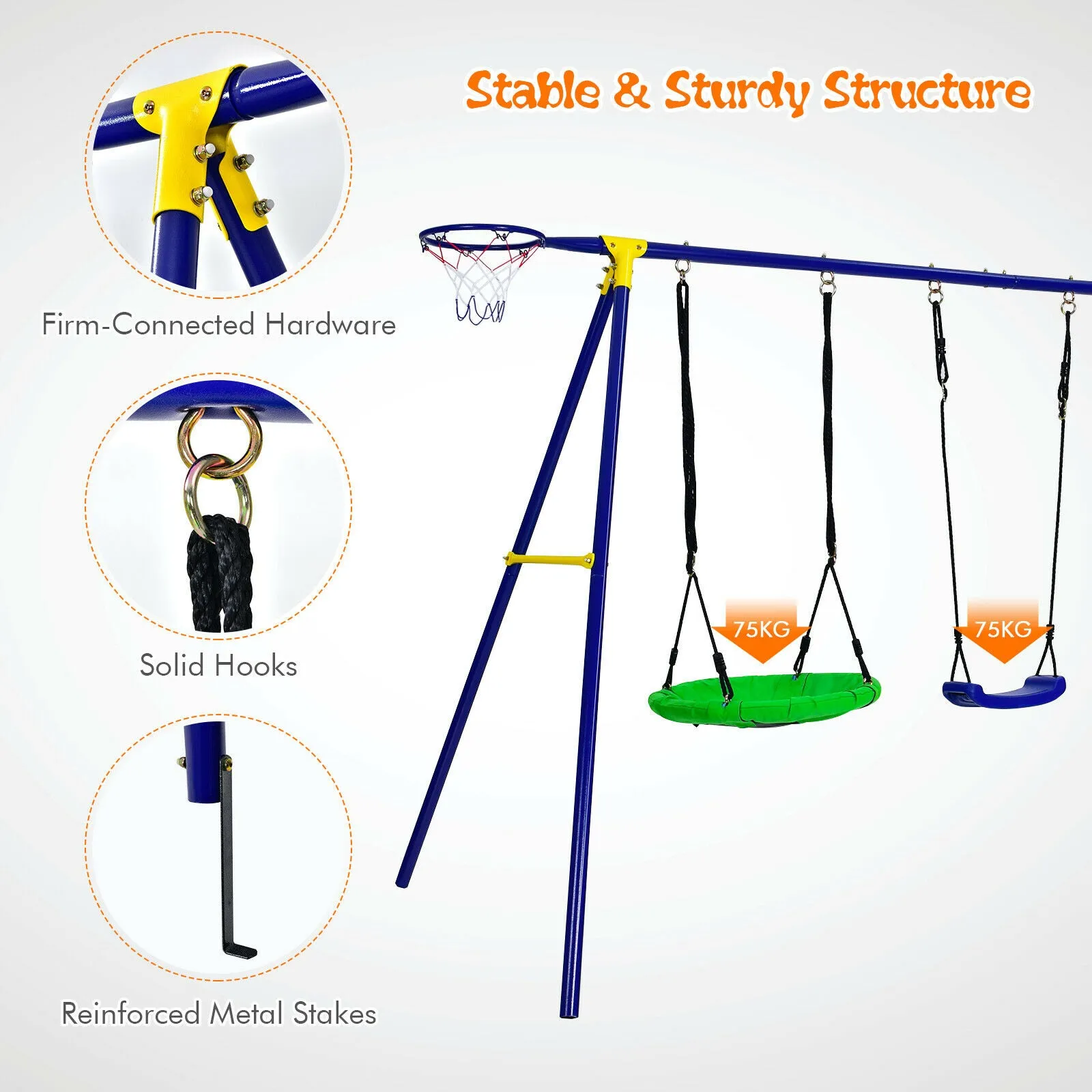 7-in-1 Anti-rust Children's 2 Swings Set | Climbing Ladder & Net and Basketball Hoop |