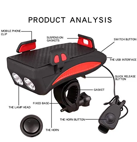 AFPIN USB Rechargeable Cycle Light with Mobile Holder Cycle Light and Horn 400 Lumens Cycle Lights Waterproof 2000mah Cycle Light with Horn Rechargeable Front Light