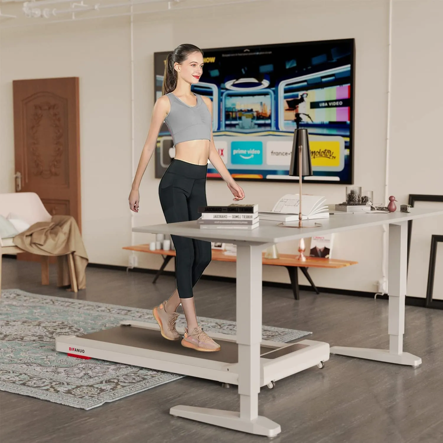 Bifanuo Under Desk Treadmill, Walking Pad 2.25HP, Wood Electric Light Weight Walking Treadmill, Desk Treadmill for Office Under Desk with Remote Control, Installation-Free