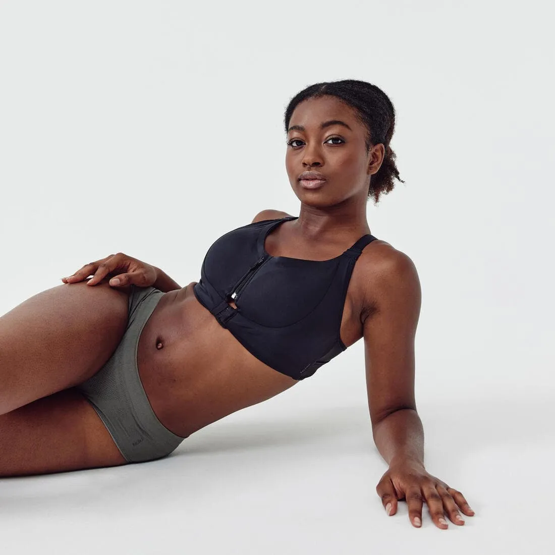 Brassière zippée double maintien fort Femme, Noir