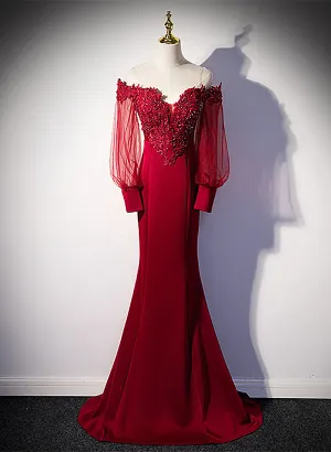 Burgundy Mermaid Long Sleeves Spandex with Lace Prom Dress, Burgundy Wedding Party Dress