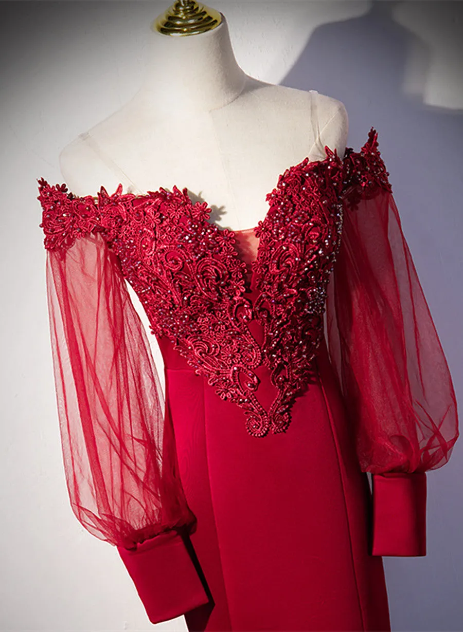 Burgundy Mermaid Long Sleeves Spandex with Lace Prom Dress, Burgundy Wedding Party Dress