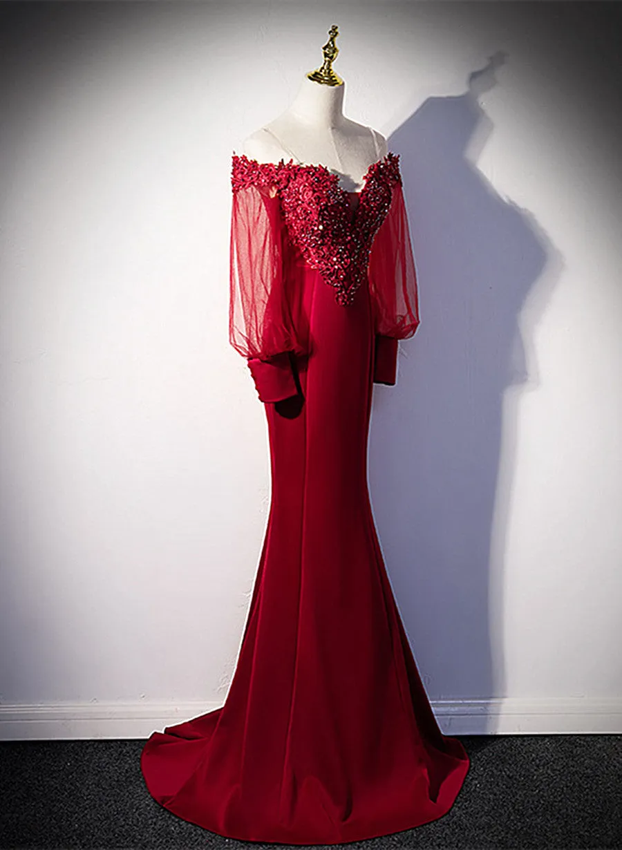 Burgundy Mermaid Long Sleeves Spandex with Lace Prom Dress, Burgundy Wedding Party Dress