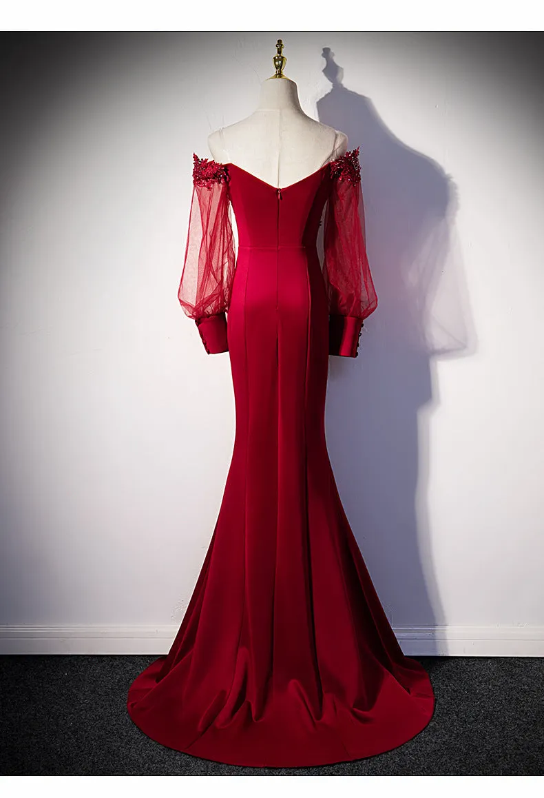 Burgundy Mermaid Long Sleeves Spandex with Lace Prom Dress, Burgundy Wedding Party Dress