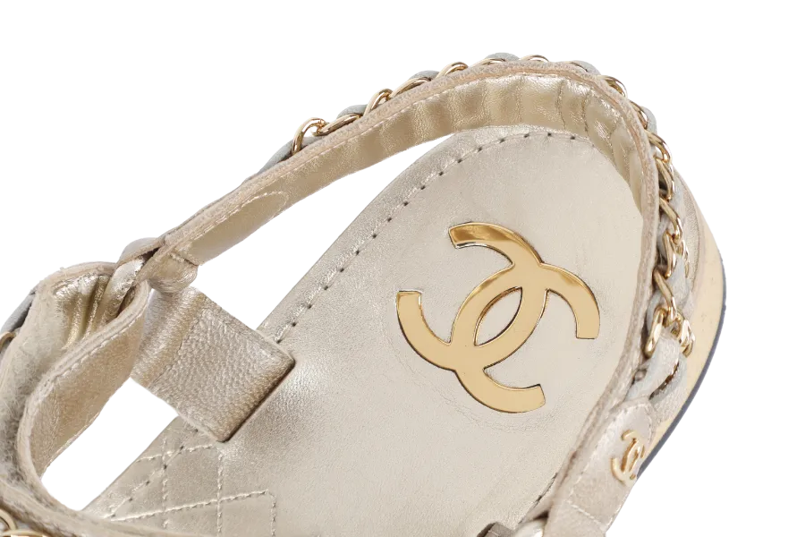CHANEL CHAIN SANDAL GOLDEN LEATHER SIZE 37.5 WITH DUST COVER