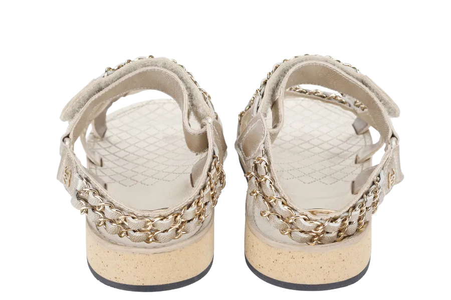 CHANEL CHAIN SANDAL GOLDEN LEATHER SIZE 37.5 WITH DUST COVER