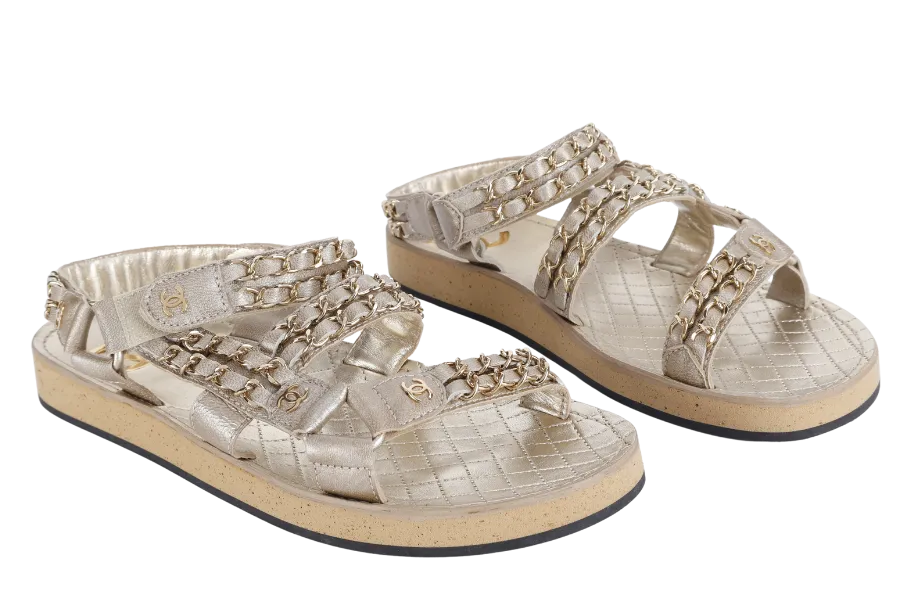 CHANEL CHAIN SANDAL GOLDEN LEATHER SIZE 37.5 WITH DUST COVER