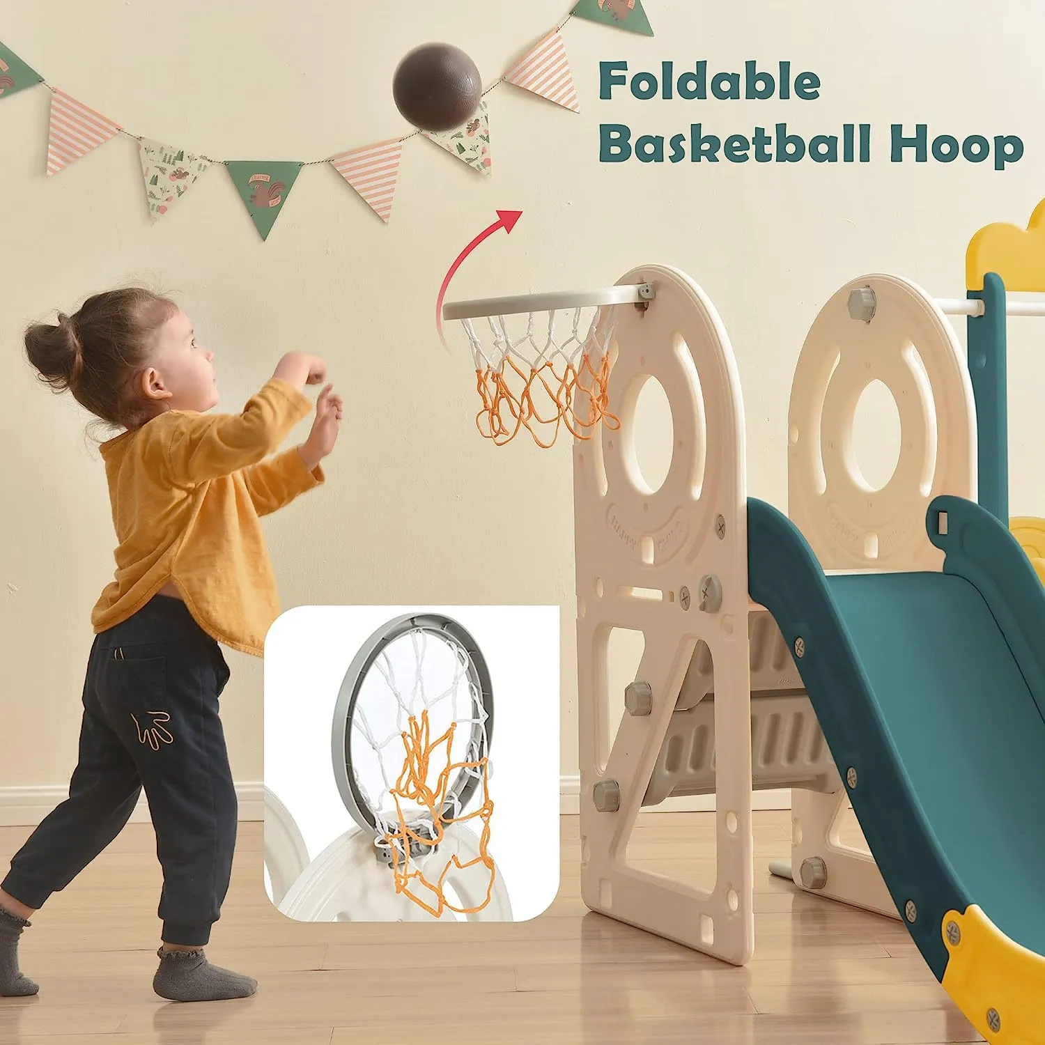 Children's Montessori Play Bus and Slide | Basketball Hoop | Indoor Outdoor | Green or Beige