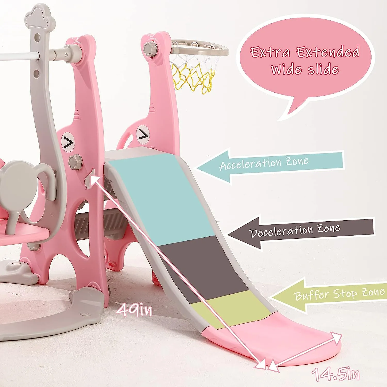 Children's Montessori Swing and Slide Set | Basketball Hoop | Indoor Outdoor | Pink, Grey or Blue