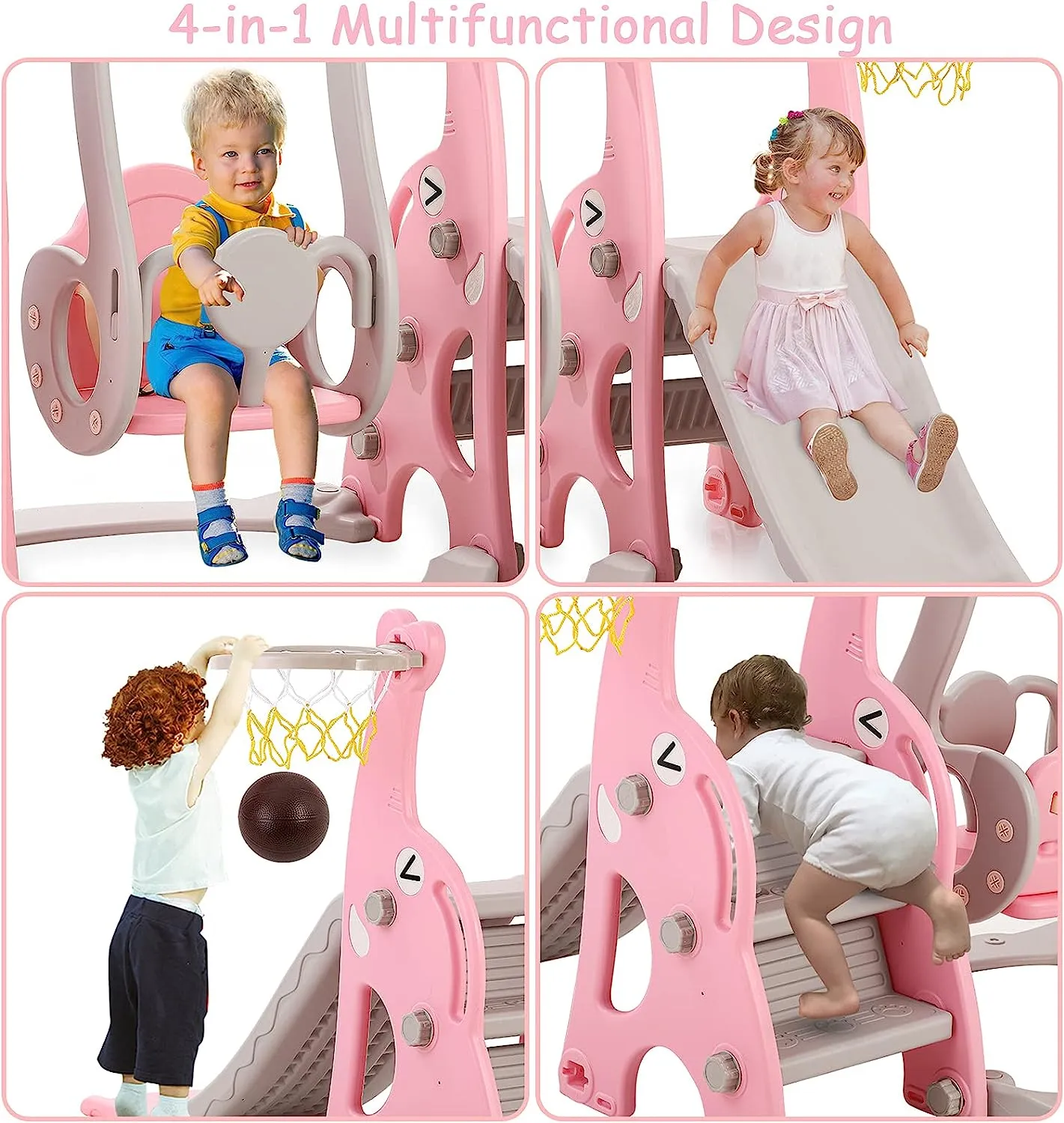 Children's Montessori Swing and Slide Set | Basketball Hoop | Indoor Outdoor | Pink, Grey or Blue
