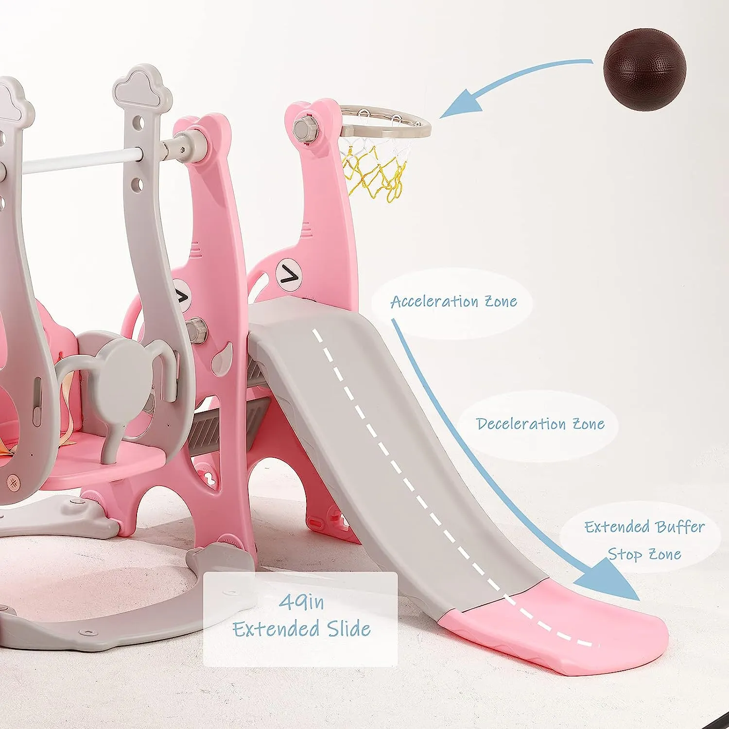Children's Montessori Swing and Slide Set | Basketball Hoop | Indoor Outdoor | Pink, Grey or Blue