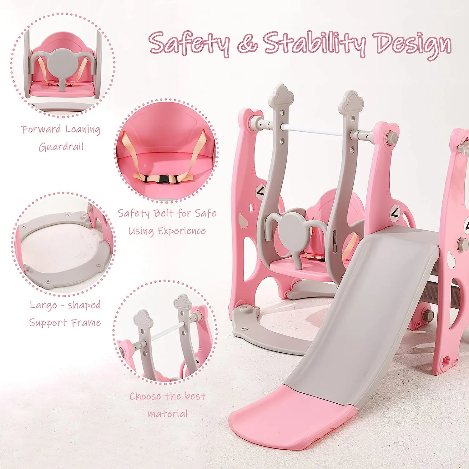 Children's Montessori Swing and Slide Set | Basketball Hoop | Indoor Outdoor | Pink, Grey or Blue