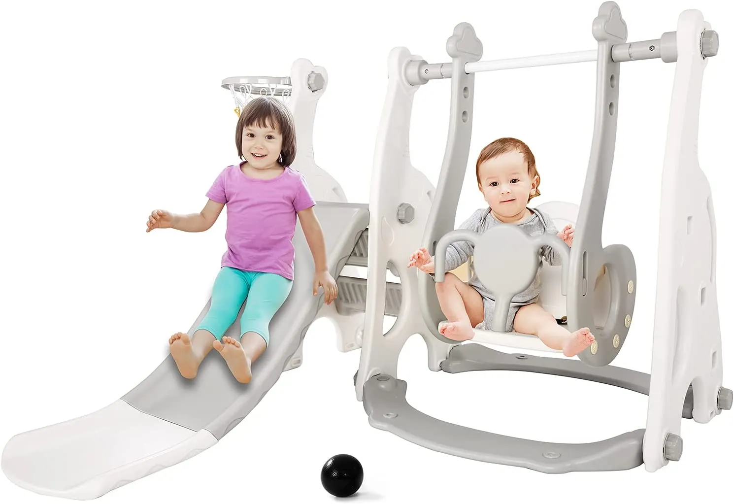 Children's Montessori Swing and Slide Set | Basketball Hoop | Indoor Outdoor | Pink, Grey or Blue