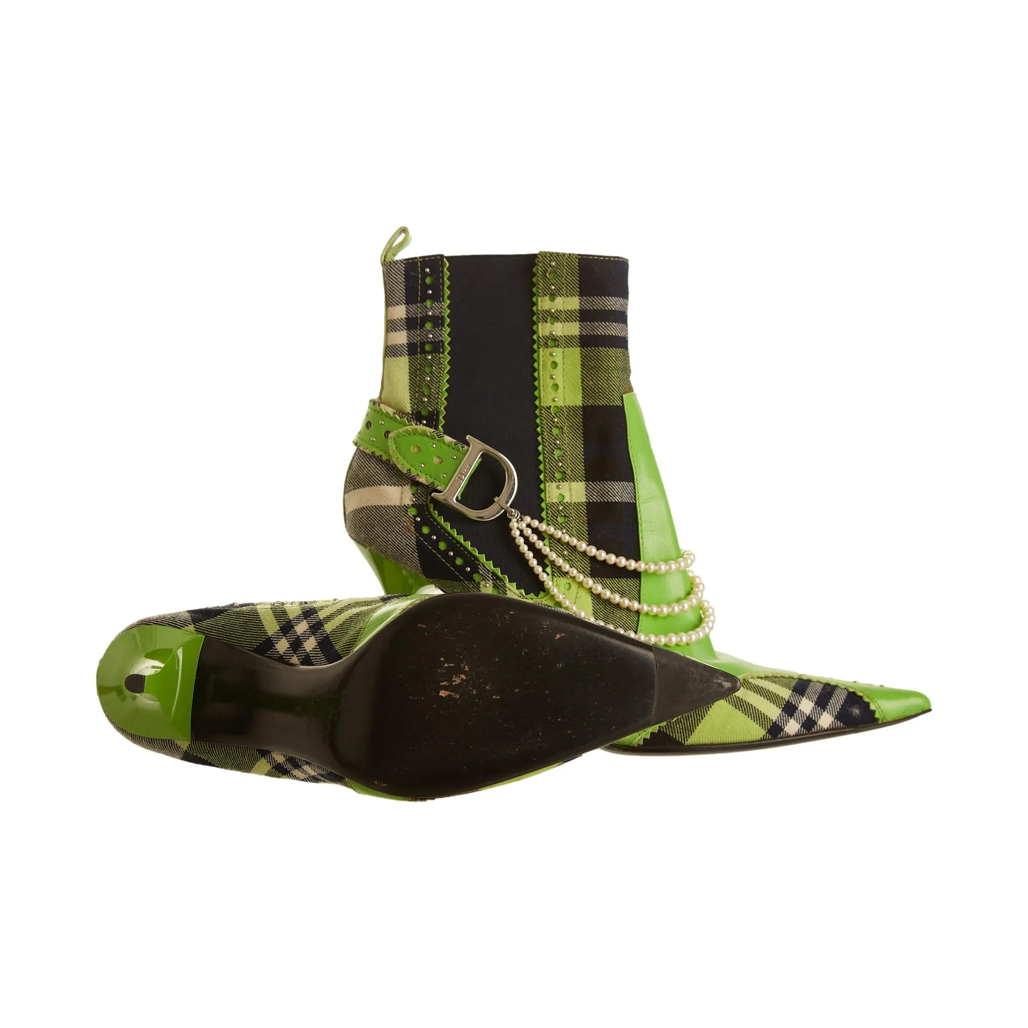 Dior Green Plaid Pearl Ankle Boots