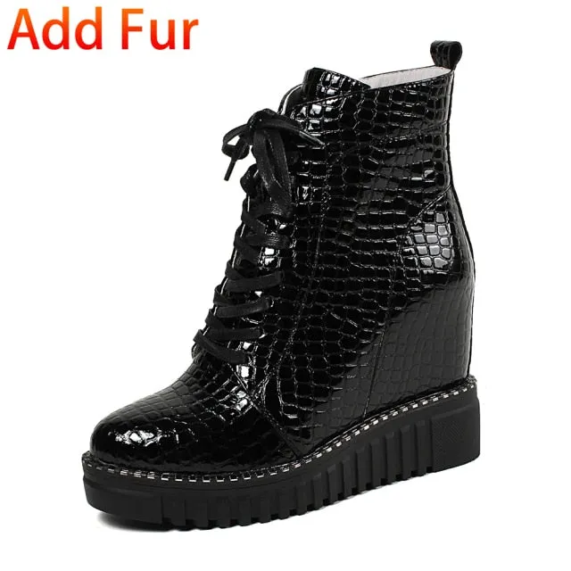 Fashion Patent Cow Leather Platform Ankle Boots
