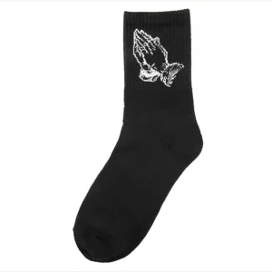 Fashion skate cotton crew socks of Virgin Mary gesture pattern for men women tide brand hip hop funny novelty  white black Funky