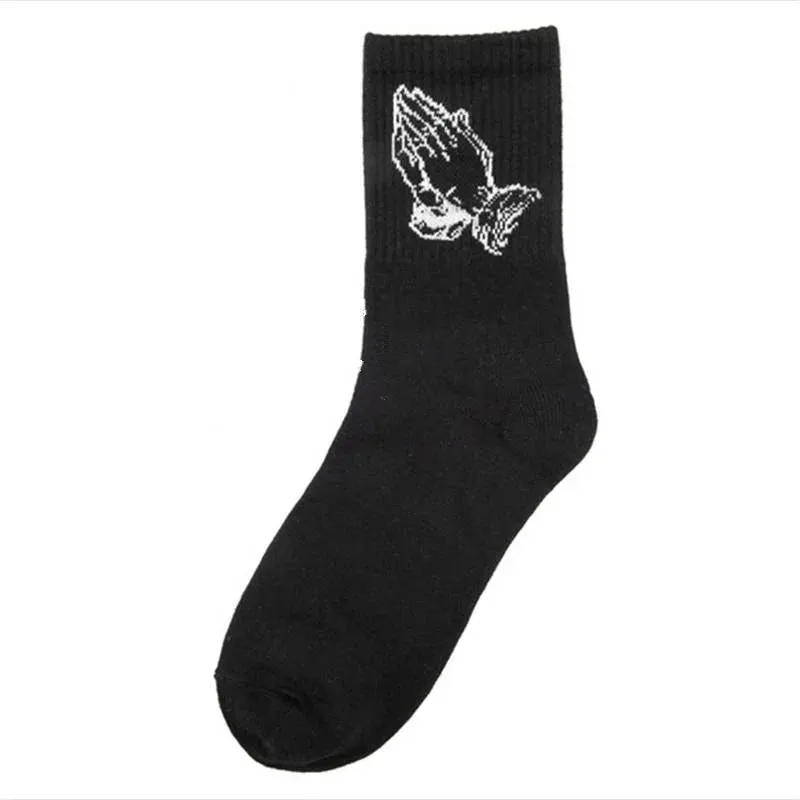 Fashion skate cotton crew socks of Virgin Mary gesture pattern for men women tide brand hip hop funny novelty  white black Funky