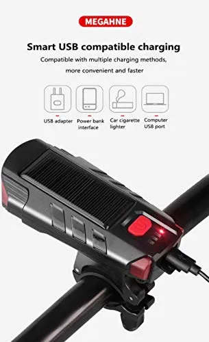 Fastped Bicycle Horn 2 Eyes Front Light Solar With Usb Charging Battery Bike Light With Two Back Lights(Black)