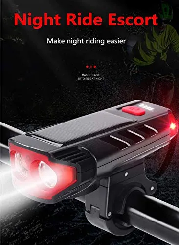 Fastped Bicycle Horn 2 Eyes Front Light Solar With Usb Charging Battery Bike Light With Two Back Lights(Black)