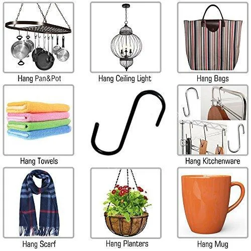 Flammi 20 Pack Heavy-Duty S Shaped Hooks Rustproof Black Finish Steel Kitchen S Type Hooks Hangers for Pans Pots Plants Bags Towels