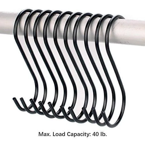 Flammi 20 Pack Heavy-Duty S Shaped Hooks Rustproof Black Finish Steel Kitchen S Type Hooks Hangers for Pans Pots Plants Bags Towels