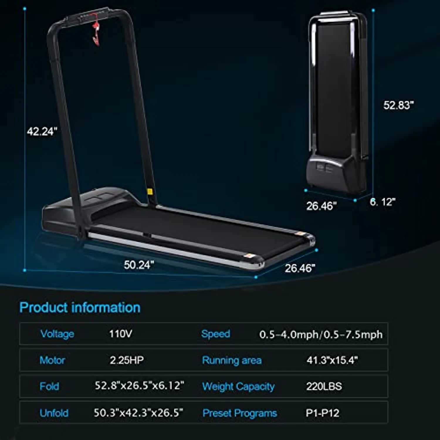 FYC 2 in 1 Folding Under Desk Treadmill, Foldable Electric Running Machine, No Installation Required, Walking Jogging Pad Exercise Fitness Treadmill for Office/Apartment, Save Space