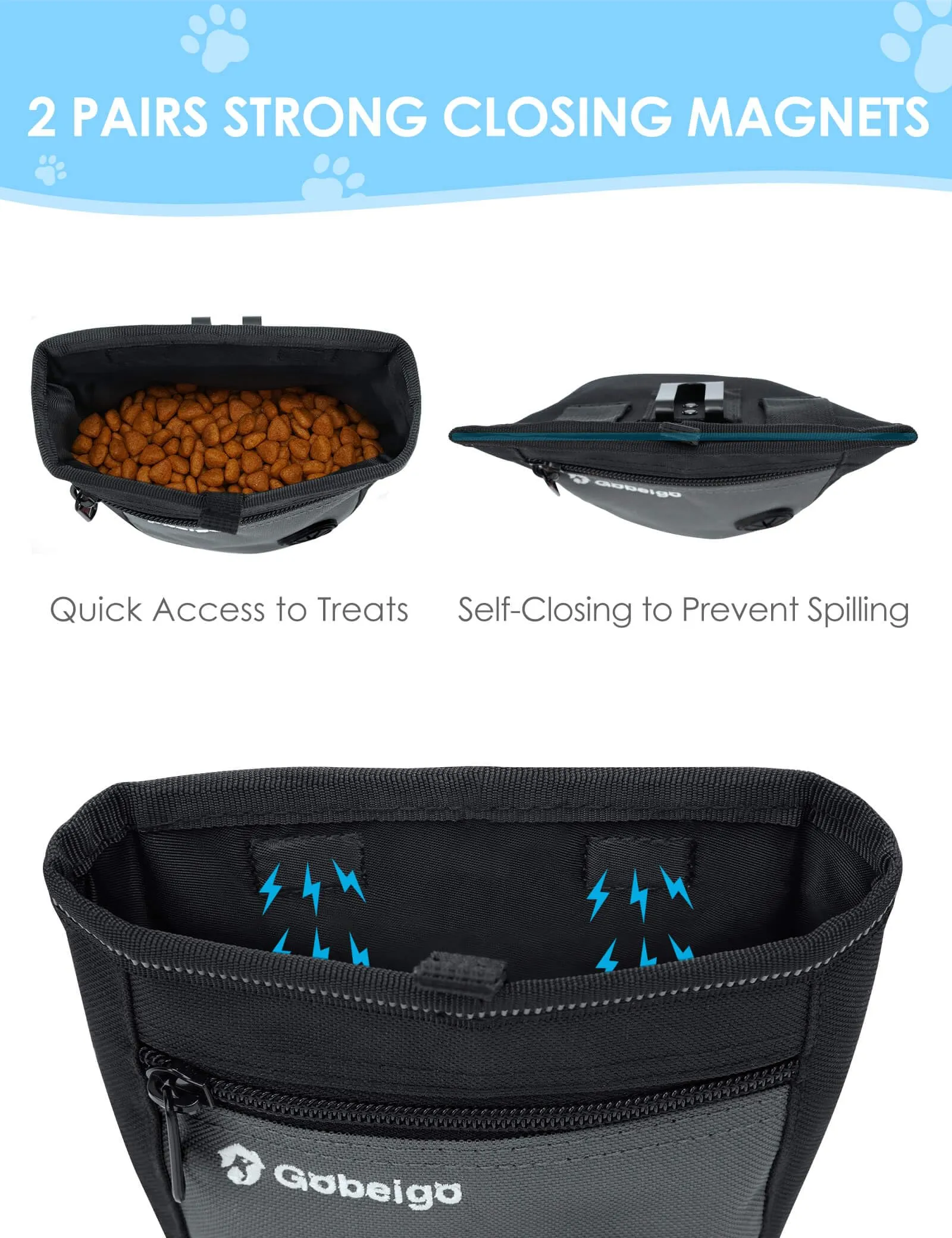 Gobeigo Magnetic Dog Treat Pouch with Training Clicker, Poop Bag Dispenser & Metal Clip Waist Belt, Black/Gray