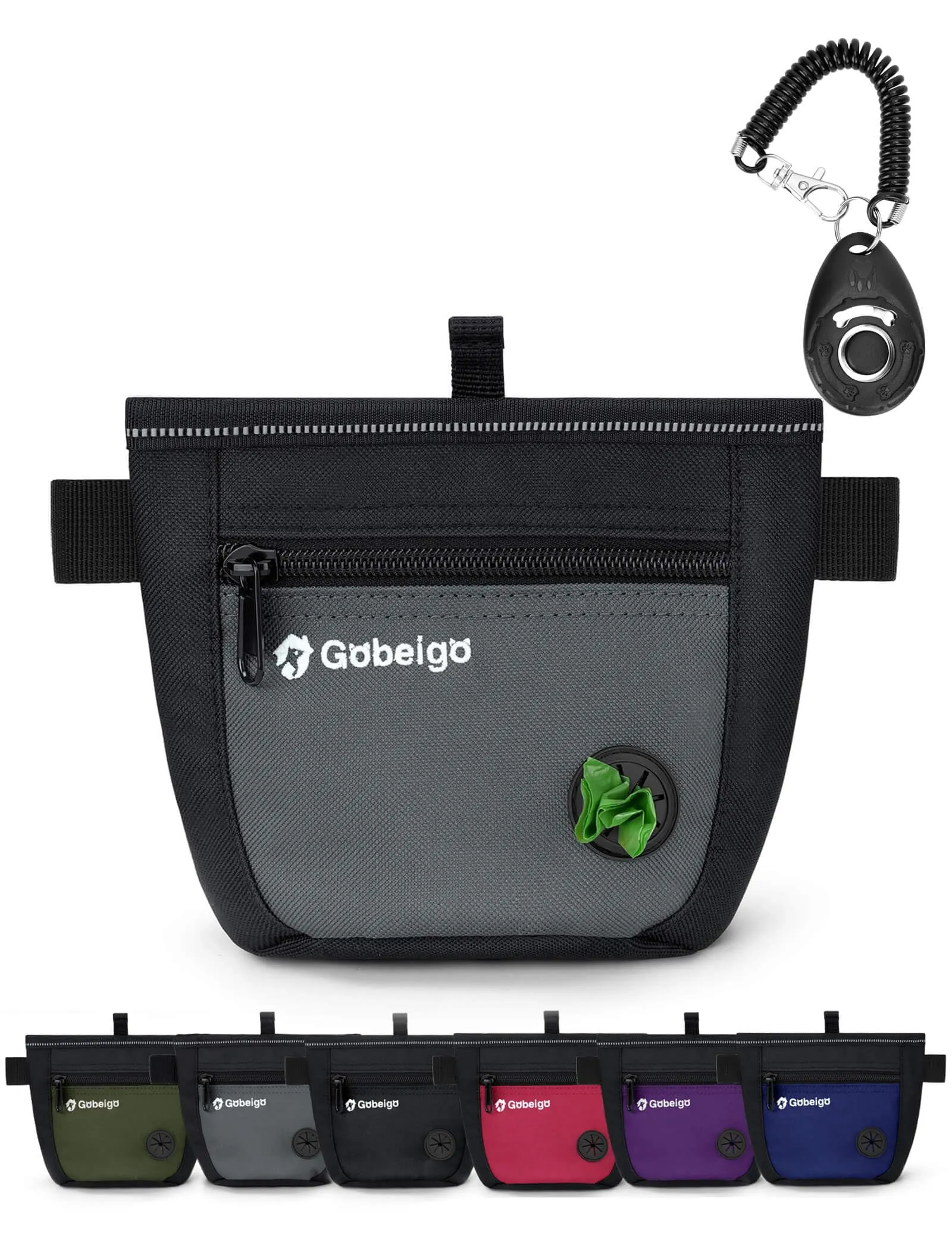 Gobeigo Magnetic Dog Treat Pouch with Training Clicker, Poop Bag Dispenser & Metal Clip Waist Belt, Black/Gray