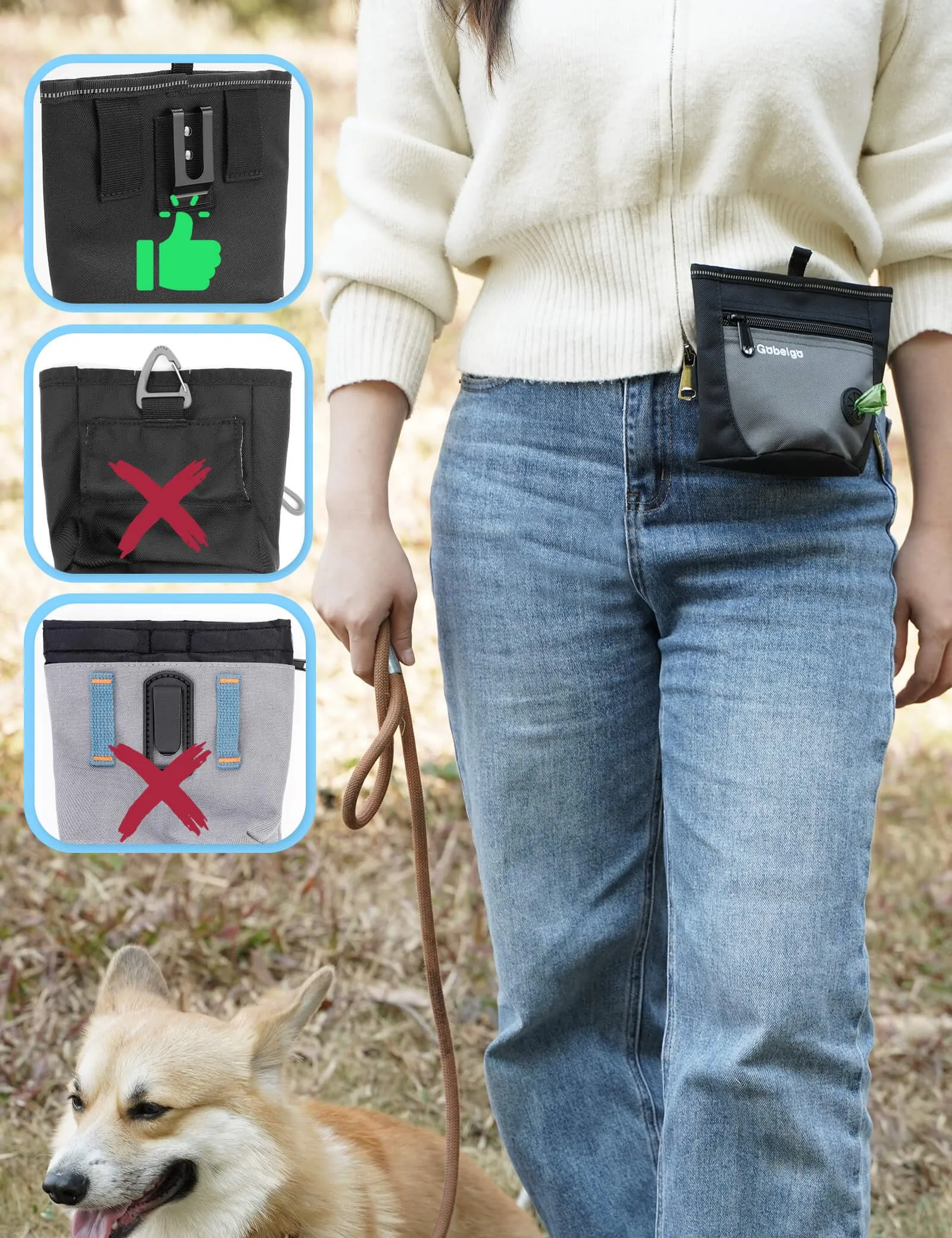 Gobeigo Magnetic Dog Treat Pouch with Training Clicker, Poop Bag Dispenser & Metal Clip Waist Belt, Black/Gray