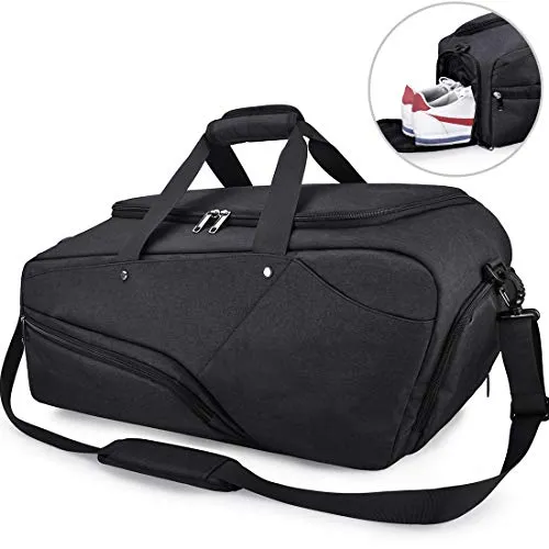 Gym Bag Sports Duffle Bag with Shoes Compartment Waterproof Large Travel Duffel Bags Weekender Overnight Bag for Men Women 45L Black