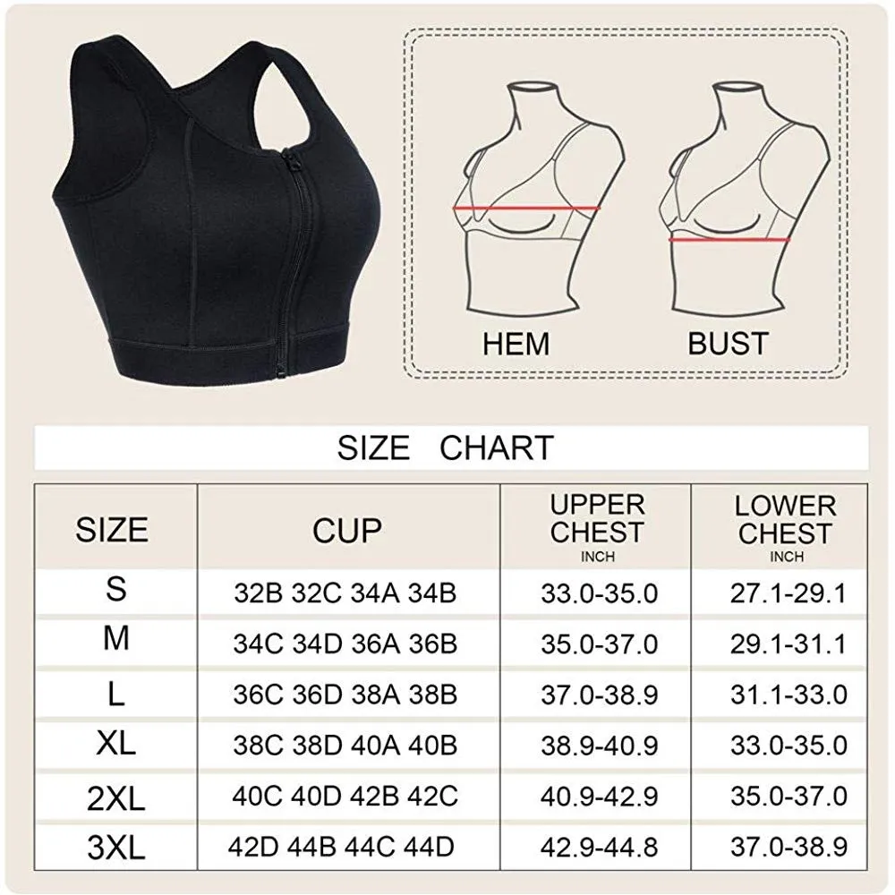 High compression bra full cup with front-zipper wire-free