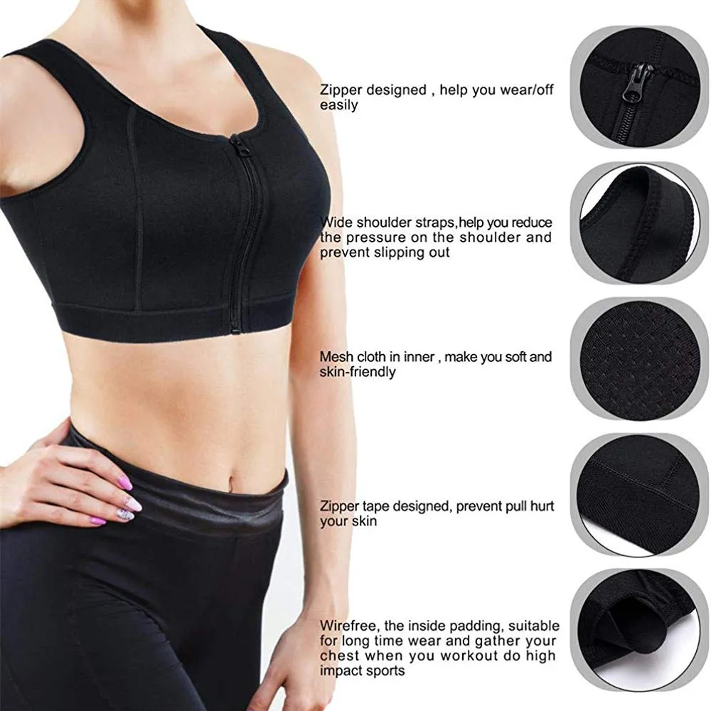 High compression bra full cup with front-zipper wire-free