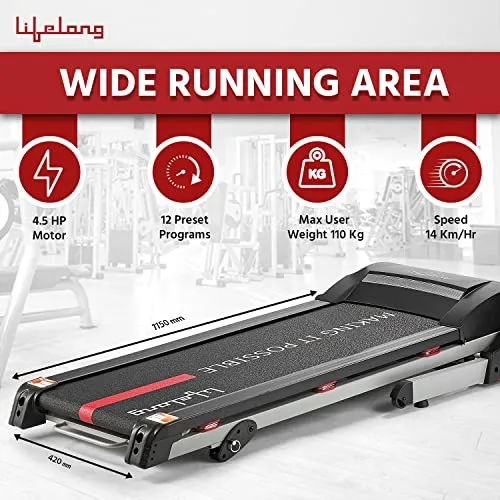 Lifelong LLTM153 Fit Pro 4.5 HP Peak Motorised with LCD Display, Max Speed 14km/hr| Max User Weight 110Kg, Heart Rate Sensor, Manual Incline, Speaker|Treadmill for Home(Free Call Installation Assistance)