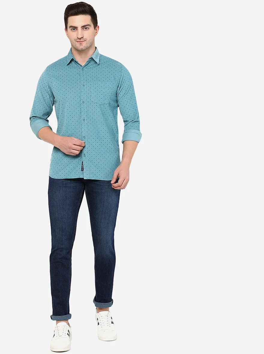 Light Blue Printed Slim Fit Semi Casual Shirt | JadeBlue
