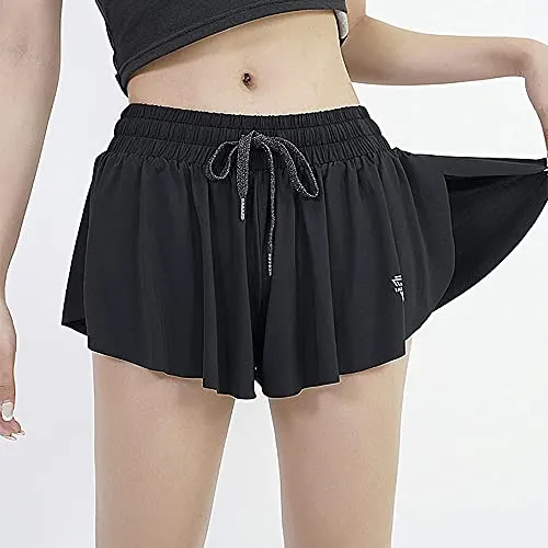 luogongzi 2 in 1 Flowy Running Shorts for Women Gym Yoga Athletic Workout Hiking Preppy Clothes Spandex Comfy Lounge Sweat Skirt Casual Summer (S, Black)