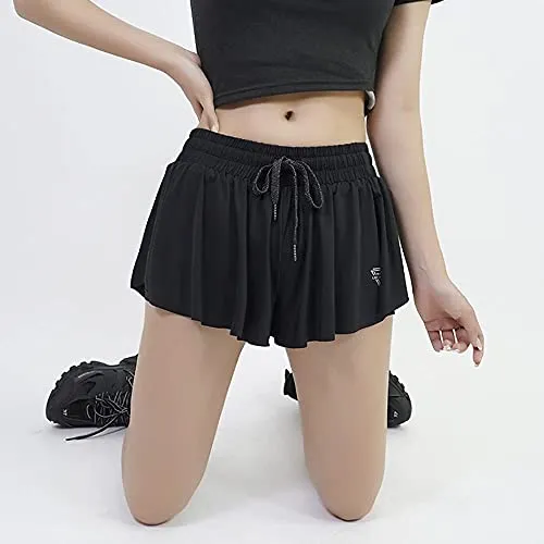 luogongzi 2 in 1 Flowy Running Shorts for Women Gym Yoga Athletic Workout Hiking Preppy Clothes Spandex Comfy Lounge Sweat Skirt Casual Summer (S, Black)