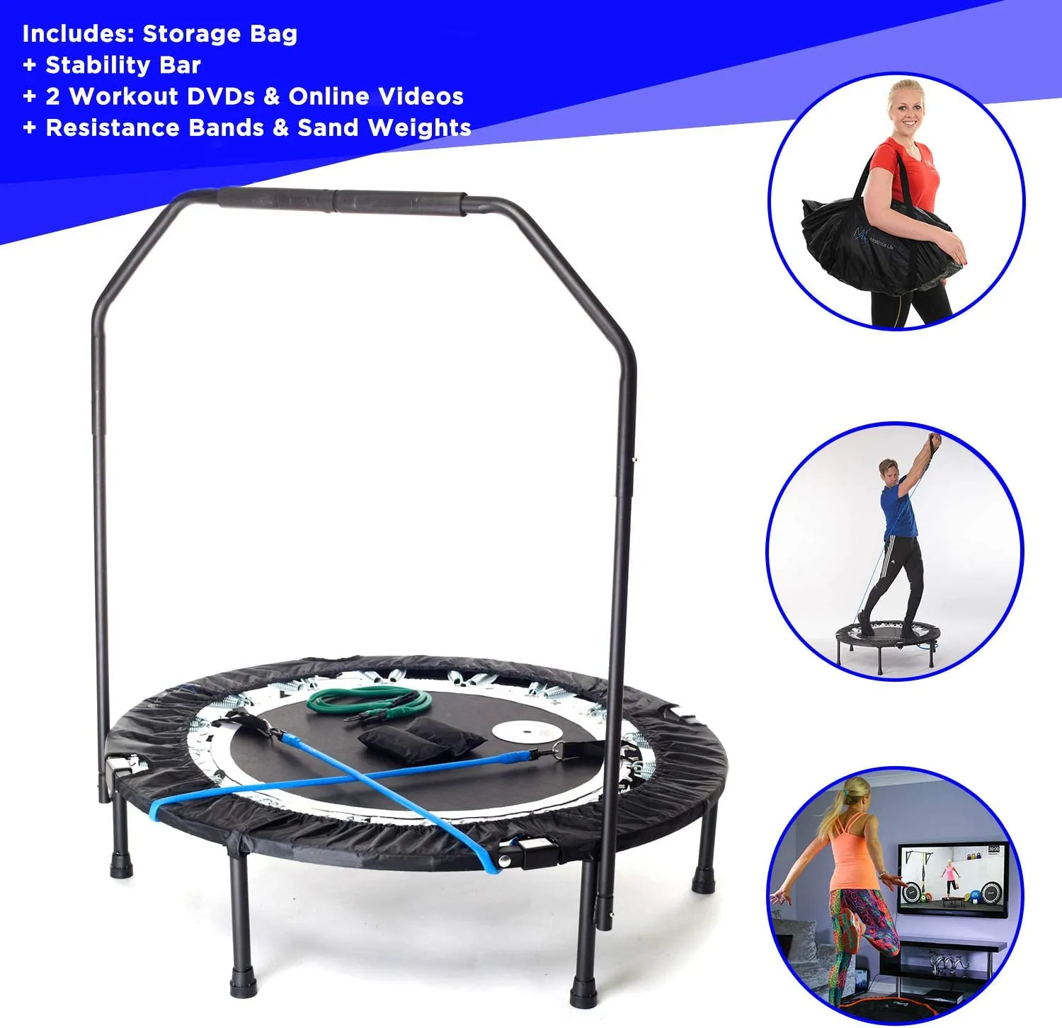 New Maximus PRO Folding Rebounder | Voted #1 Indoor Exercise Mini Trampoline for Adults with Bar | Best Home Gym for Fitness & Lose Weight| Free Storage Bag, Resistance Bands, Online & DVD Workouts! Retails $255 