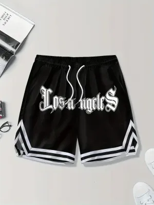 NEW Retails $46, Stylish Men's LOS ANGELES Alphabet Print Loose Fit Sports Shorts - Drawstring Waist, Side Pockets, Non-Stretch Polyester Fabric, Hand Washable, Perfect for Summer Basketball, Outdoor Sports, and Daily Casual Wear, Black, Sz L