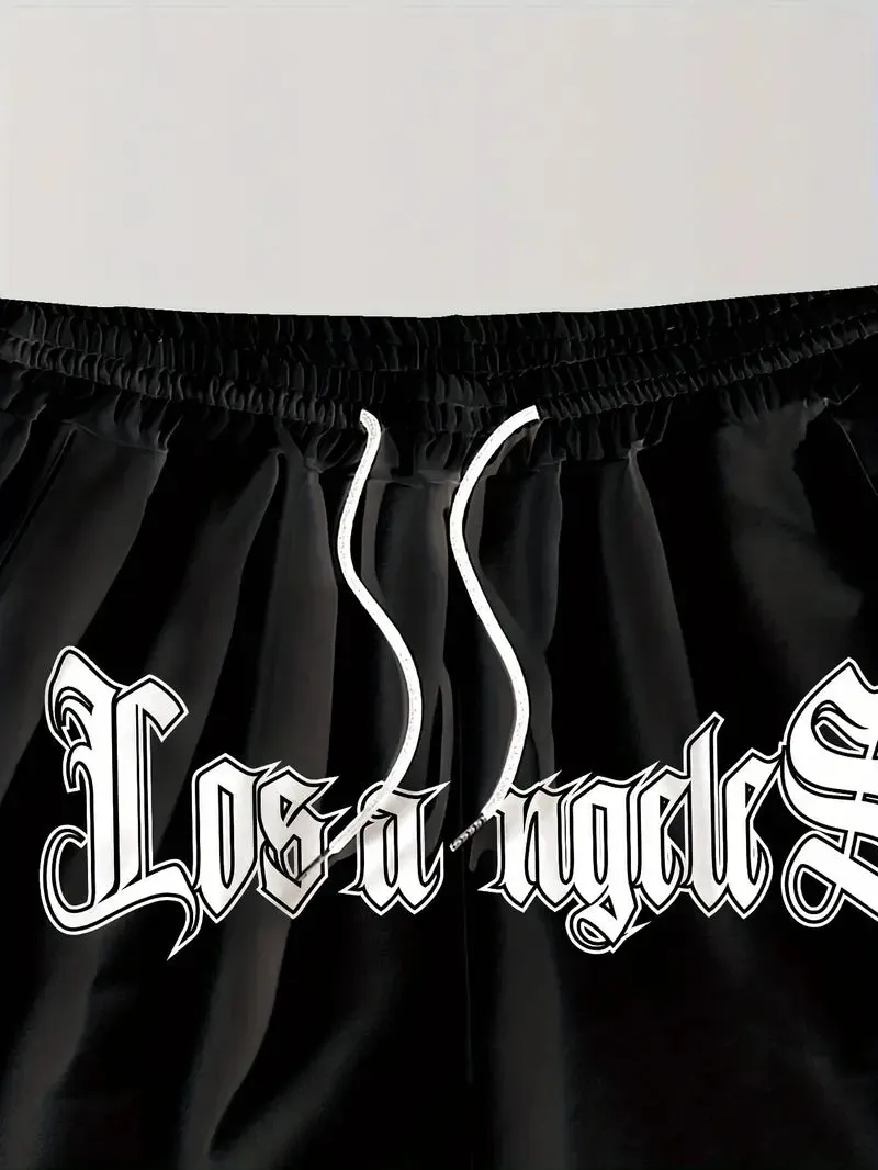 NEW Retails $46, Stylish Men's LOS ANGELES Alphabet Print Loose Fit Sports Shorts - Drawstring Waist, Side Pockets, Non-Stretch Polyester Fabric, Hand Washable, Perfect for Summer Basketball, Outdoor Sports, and Daily Casual Wear, Black, Sz L