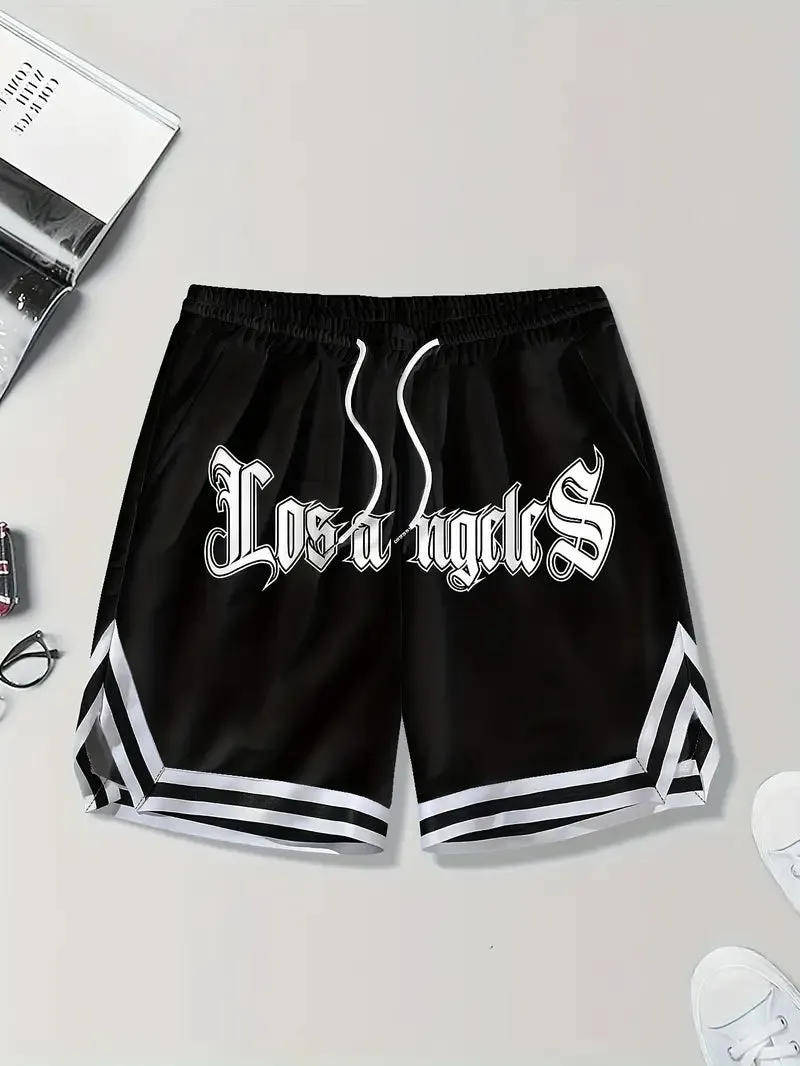 NEW Retails $46, Stylish Men's LOS ANGELES Alphabet Print Loose Fit Sports Shorts - Drawstring Waist, Side Pockets, Non-Stretch Polyester Fabric, Hand Washable, Perfect for Summer Basketball, Outdoor Sports, and Daily Casual Wear, Black, Sz L