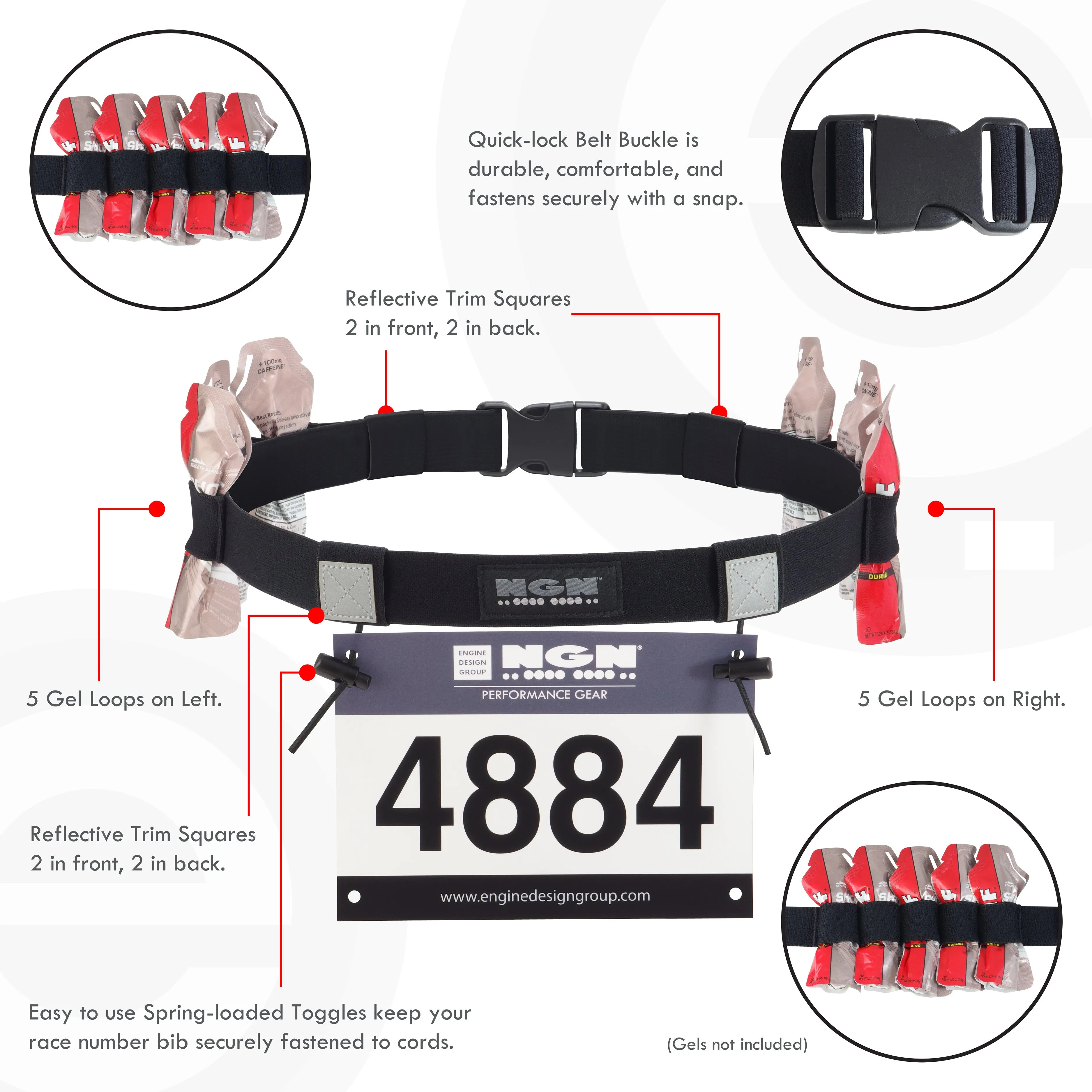 NGN Sport - Race Number Belt for Triathlon, Marathon, Running, Cycling - 10 Gel Loops | Black