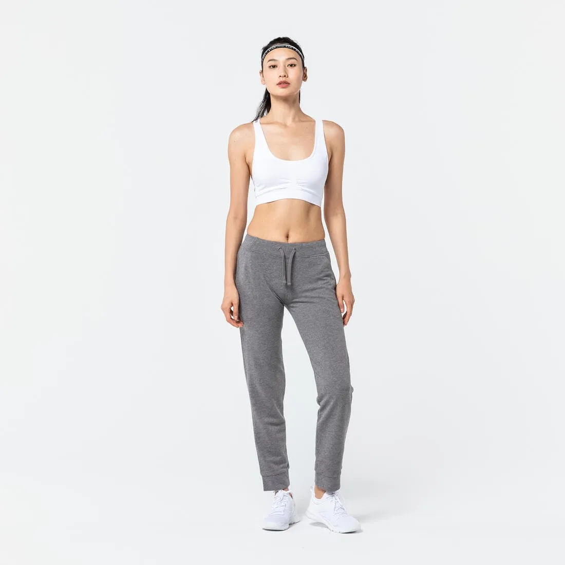 Pantalon jogging fitness femme coton coupe droite avec poche - 500 noir